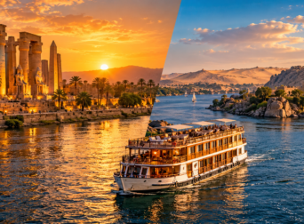 Nile cruise sailing between Luxor and Aswan, with ancient Egyptian temples and scenic Nile landscapes