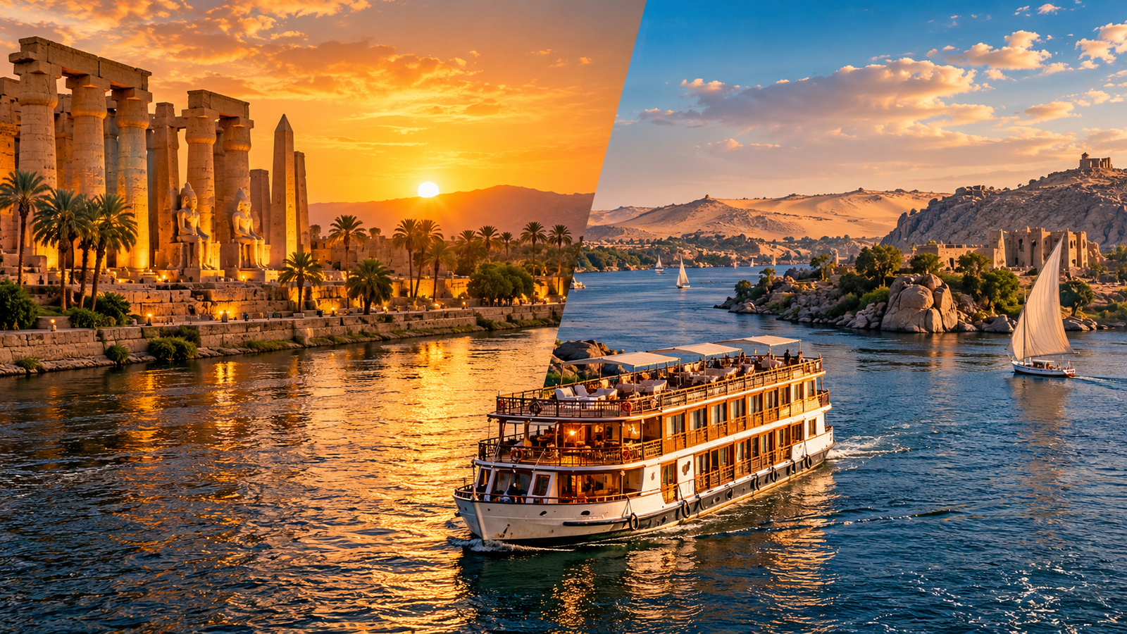 Nile cruise sailing between Luxor and Aswan, with ancient Egyptian temples and scenic Nile landscapes