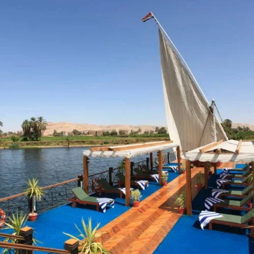Merit Dahabiya sun deck with Nile river views