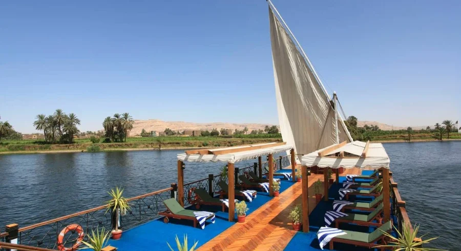 Merit Dahabiya sun deck with Nile river views